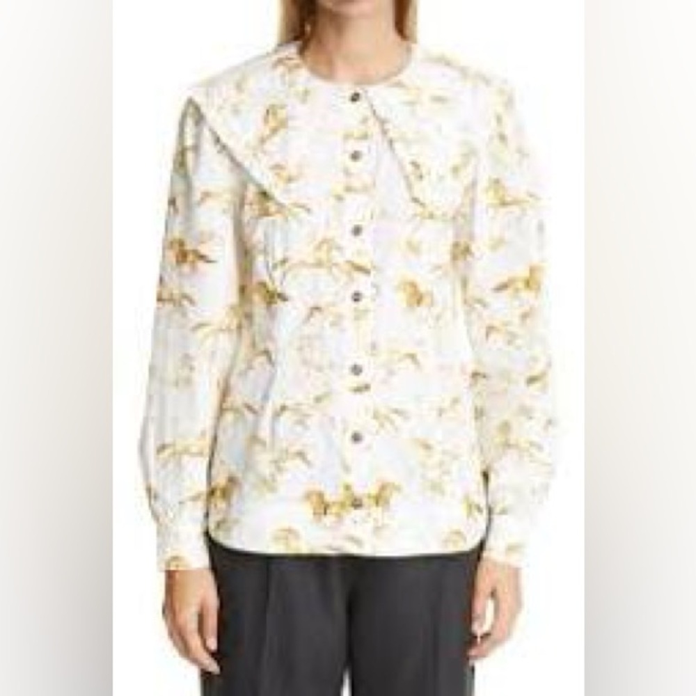 GANNI Horse Print Ruffle Collar Organic Cotton Poplin Shirt